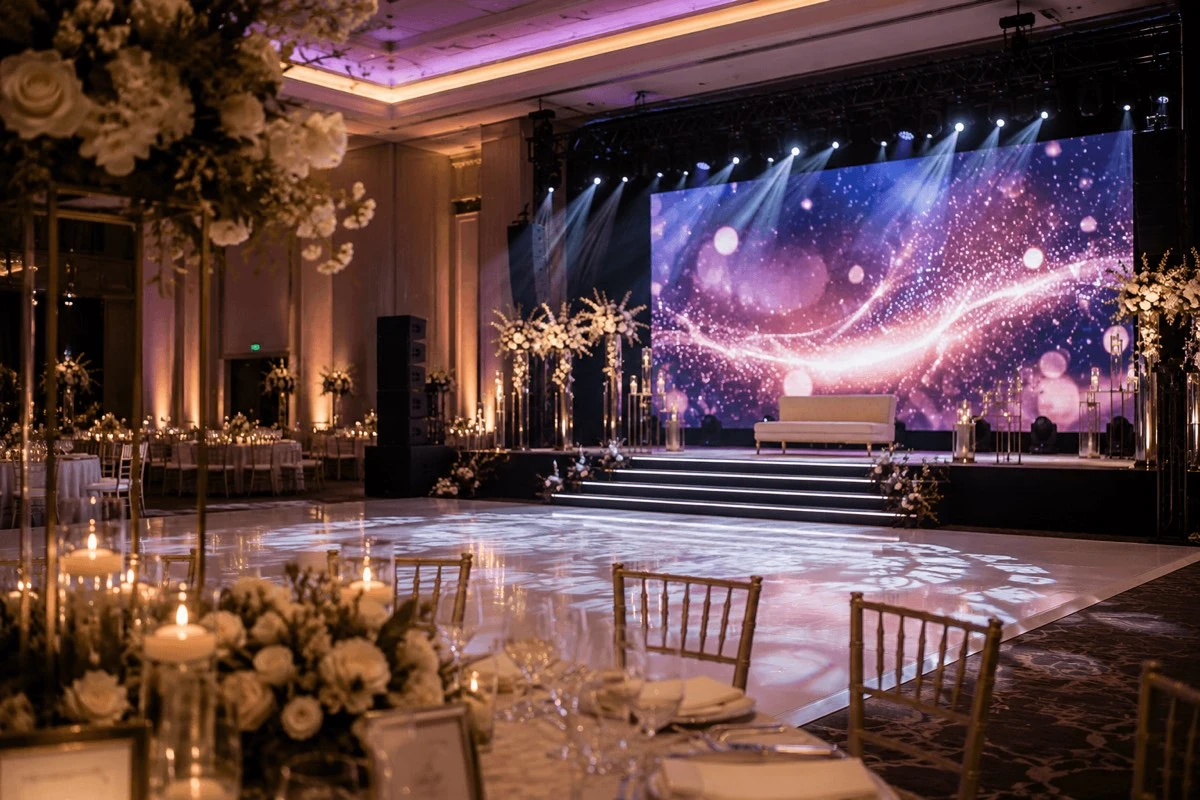 Elegant wedding reception with a large LED wall backdrop